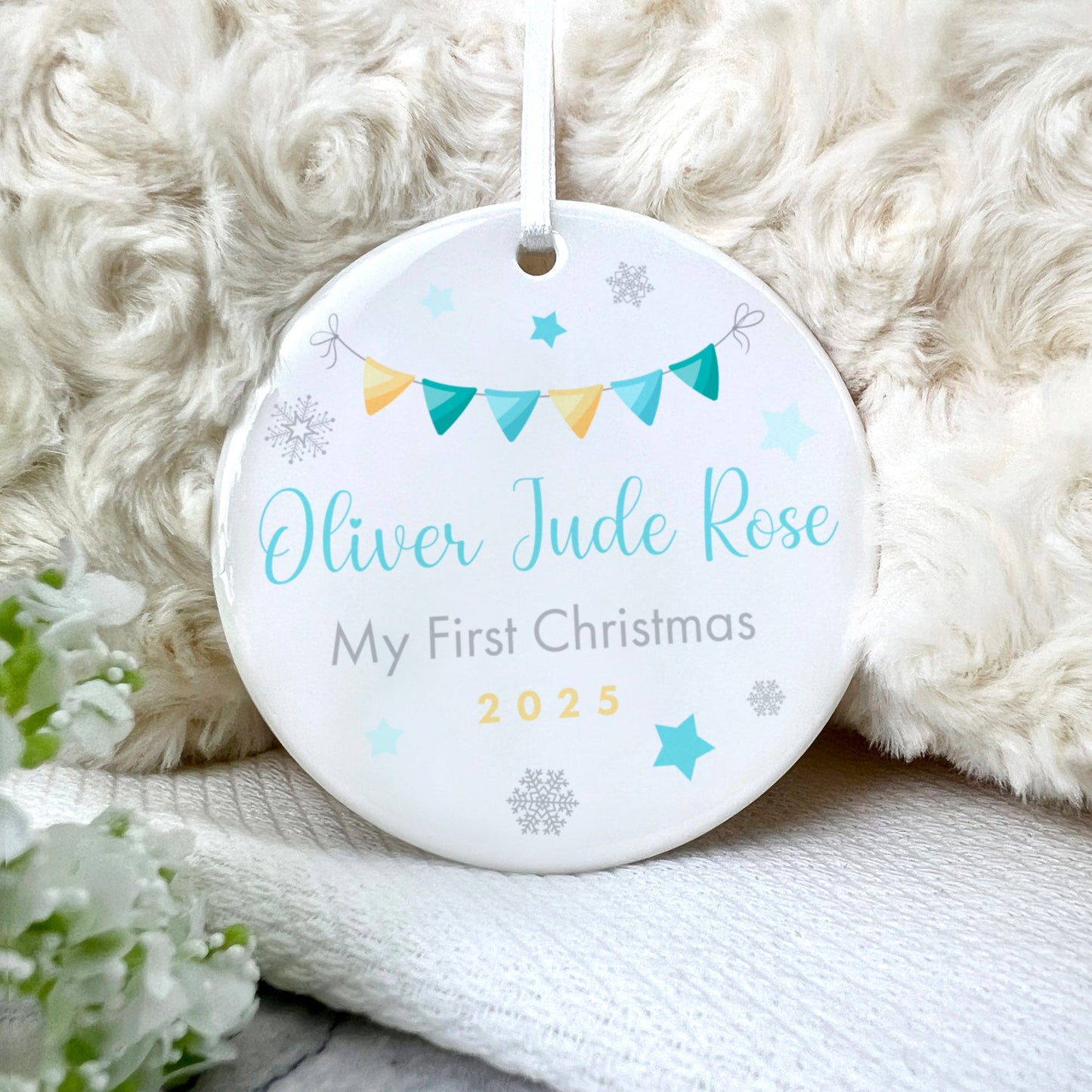 My First Christmas Baby Boy Garland Ceramic Disc Hanging Decoration + Gift Box