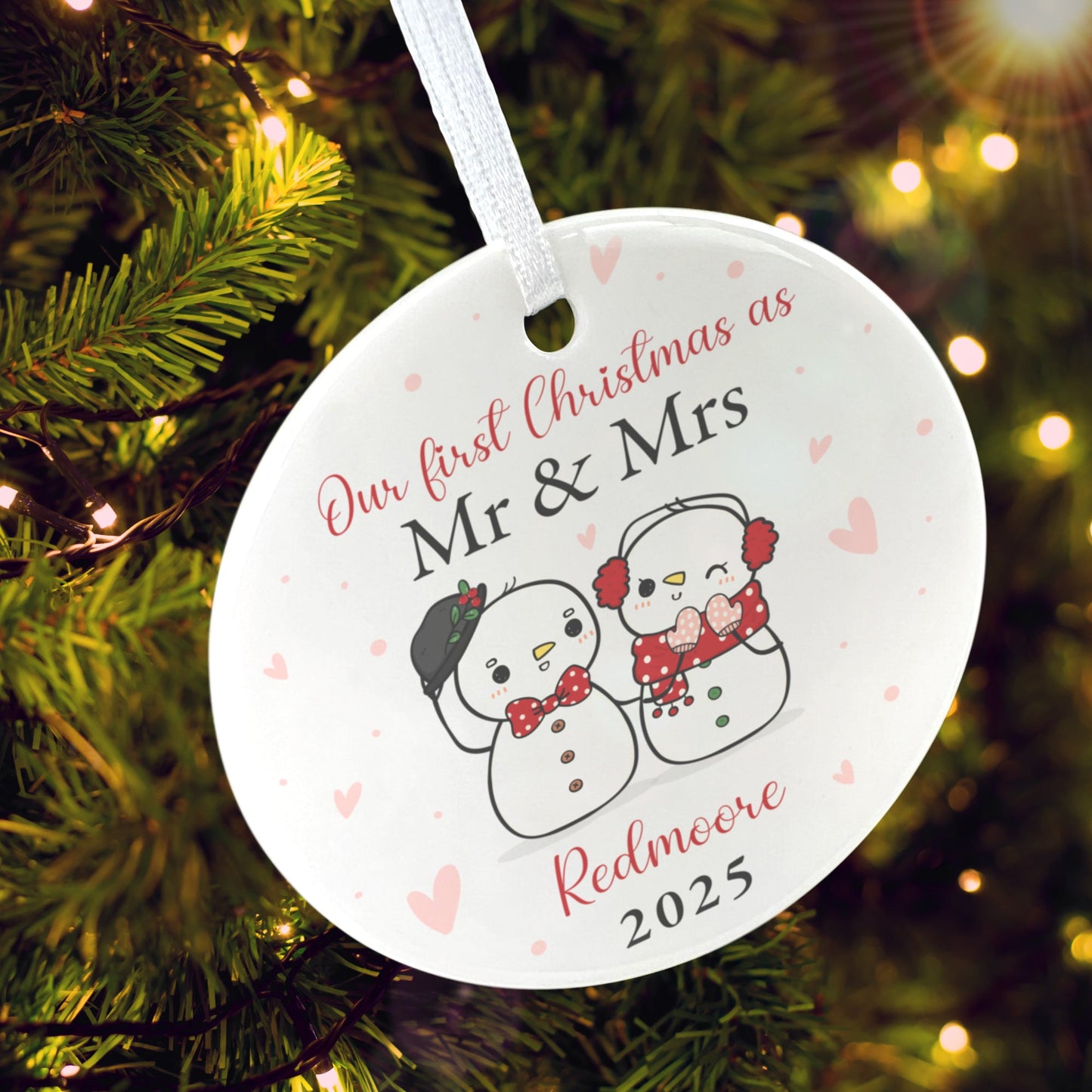 Couples Snowman Ceramic Disc Hanging Decoration + Gift Box