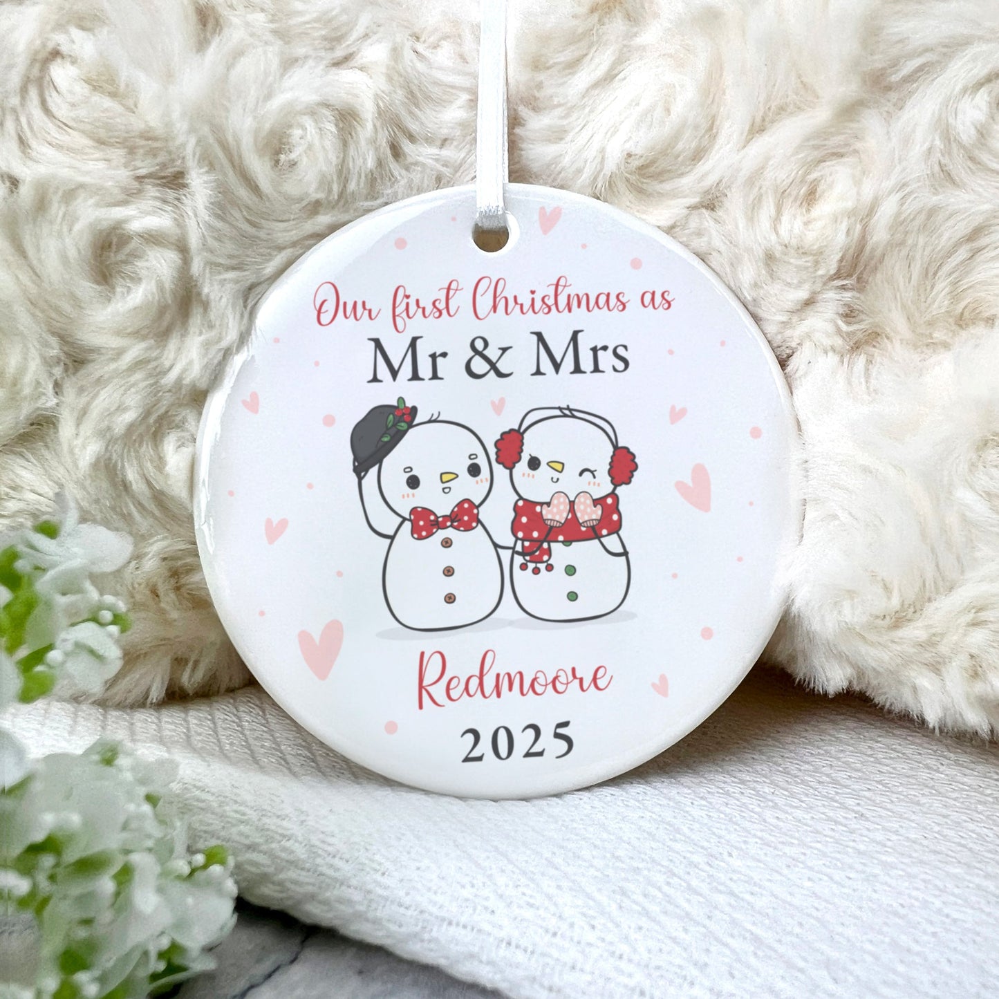 Couples Snowman Ceramic Disc Hanging Decoration + Gift Box