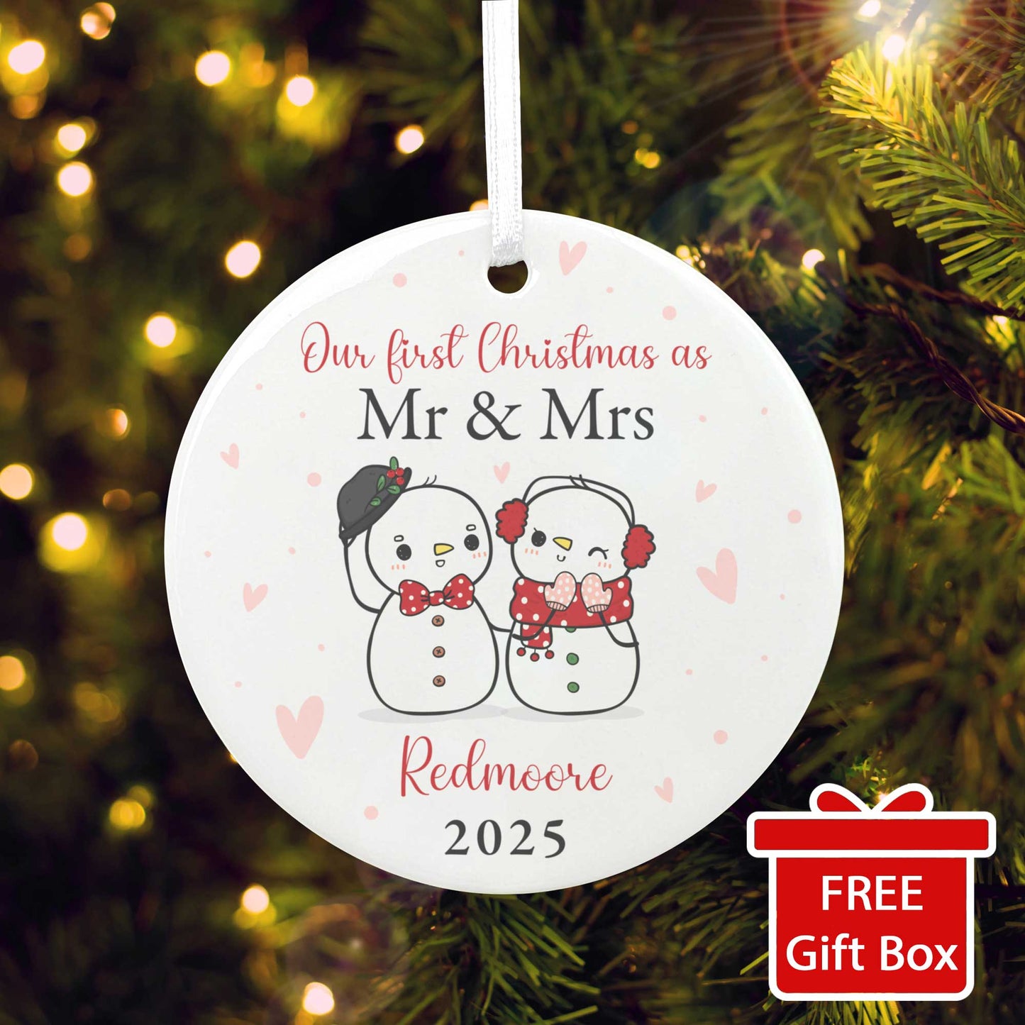 Couples Snowman Ceramic Disc Hanging Decoration + Gift Box