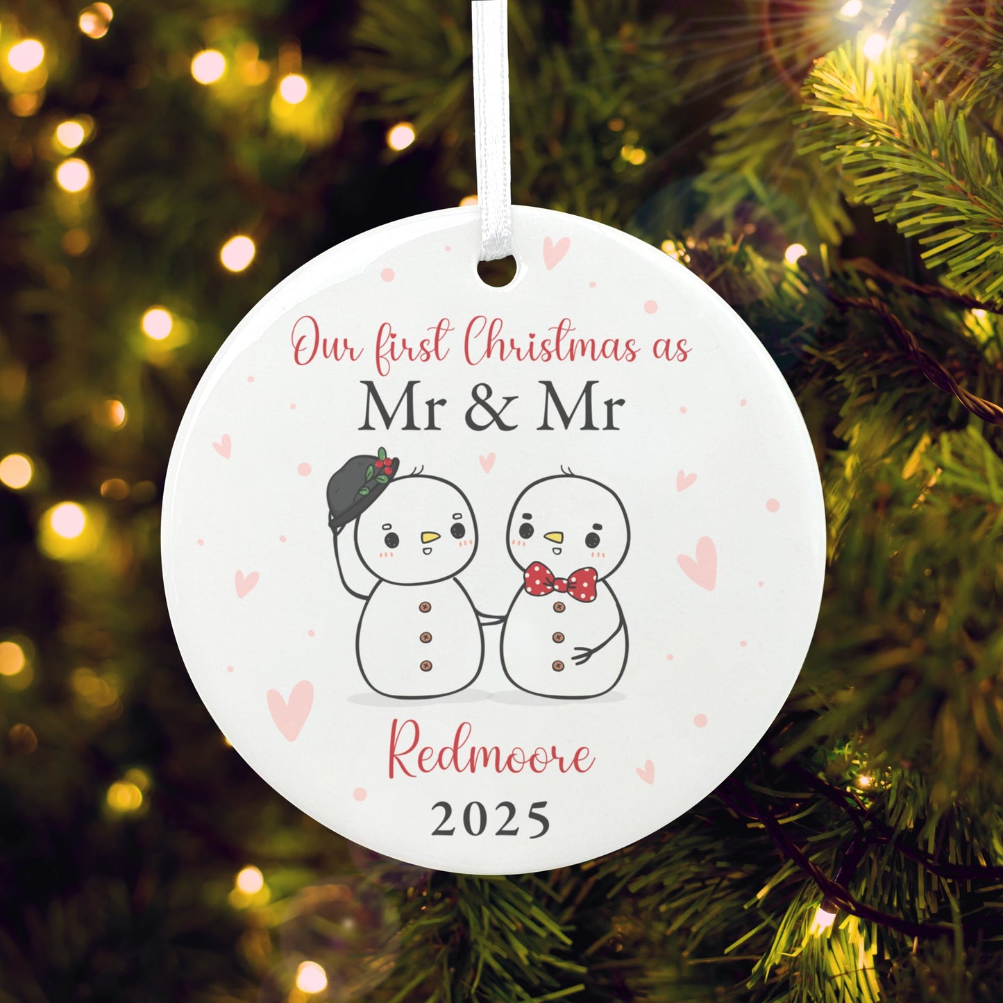 Couples Snowman Ceramic Disc Hanging Decoration + Gift Box