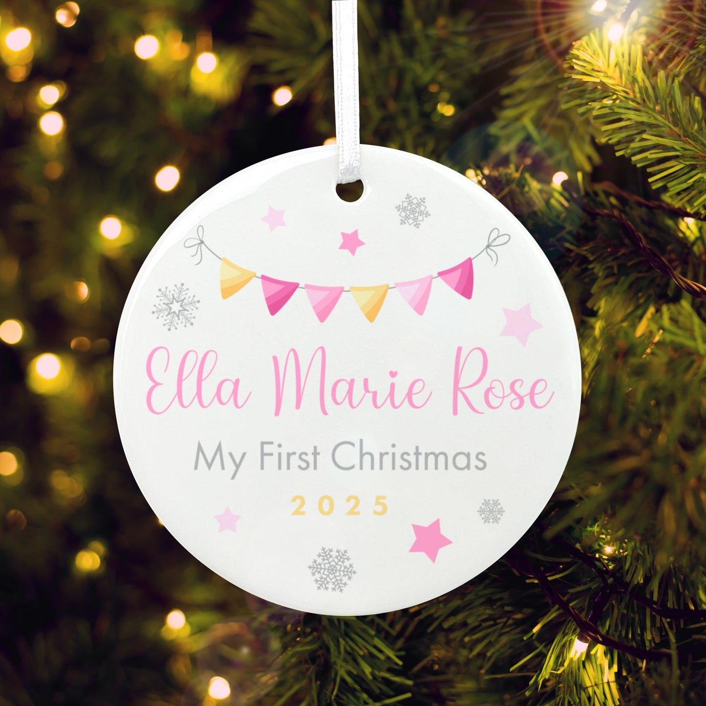 My First Christmas Baby Girl Garland Ceramic Disc Hanging Decoration + Gift Box