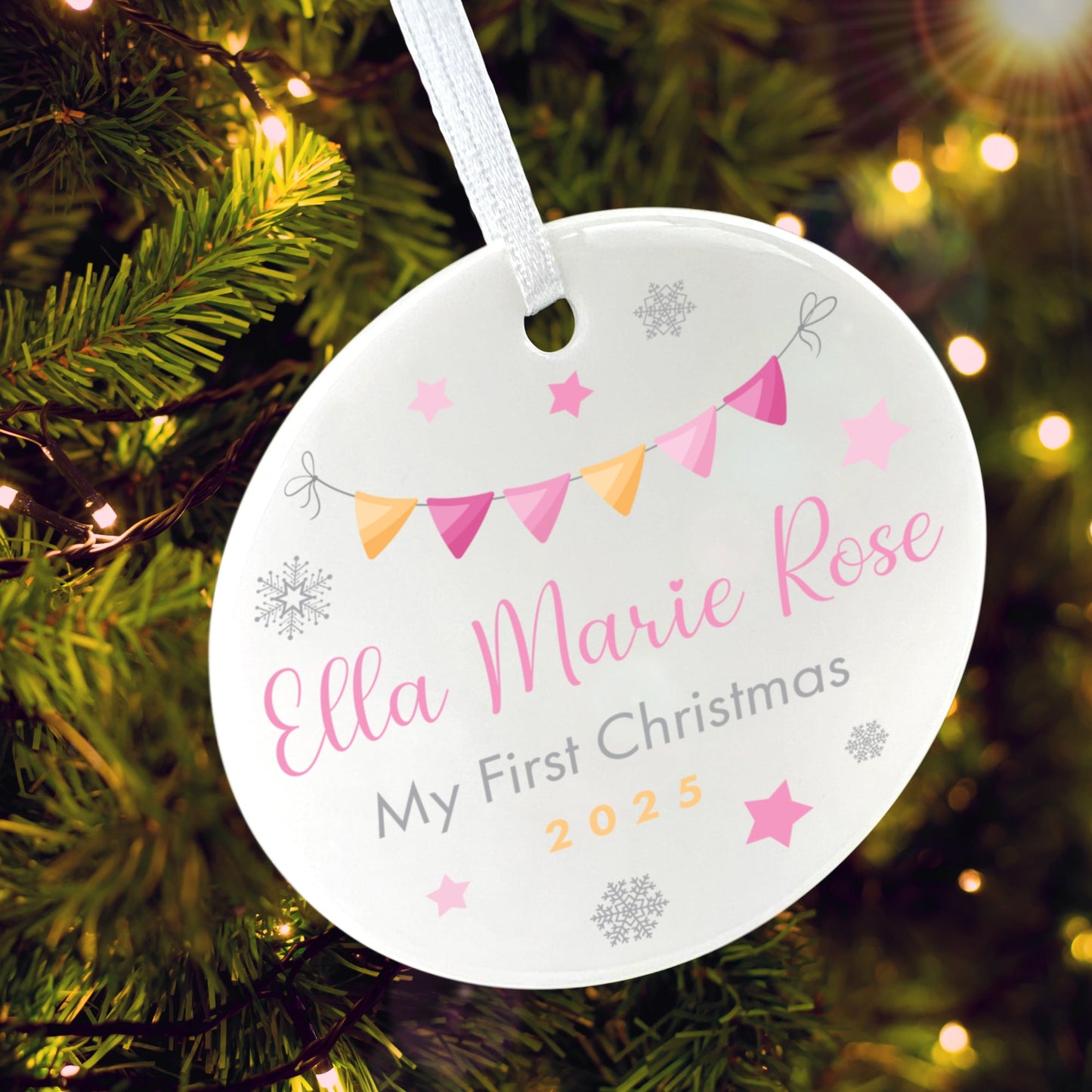 My First Christmas Baby Girl Garland Ceramic Disc Hanging Decoration + Gift Box