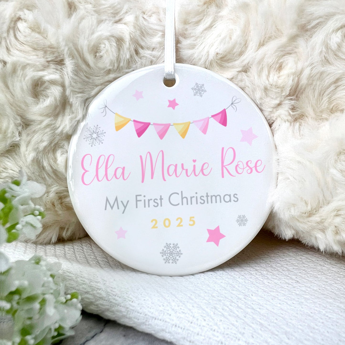 My First Christmas Baby Girl Garland Ceramic Disc Hanging Decoration + Gift Box