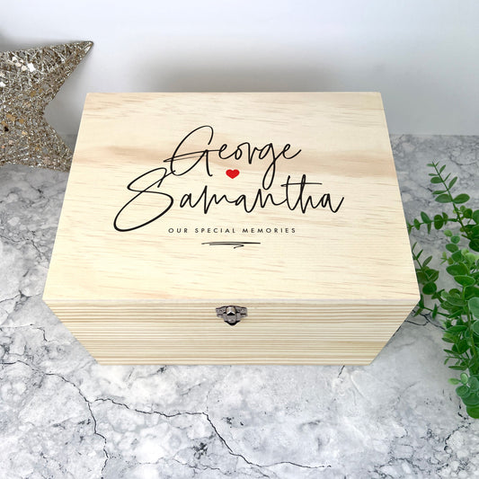 Personalised Couples Names Pine Keepsake Memory Box - 5 Sizes