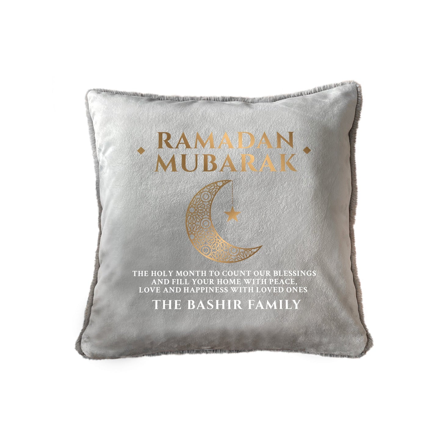 Personalised Ramadan Mubarak Crescent Faux Fur Cuddle Cushion