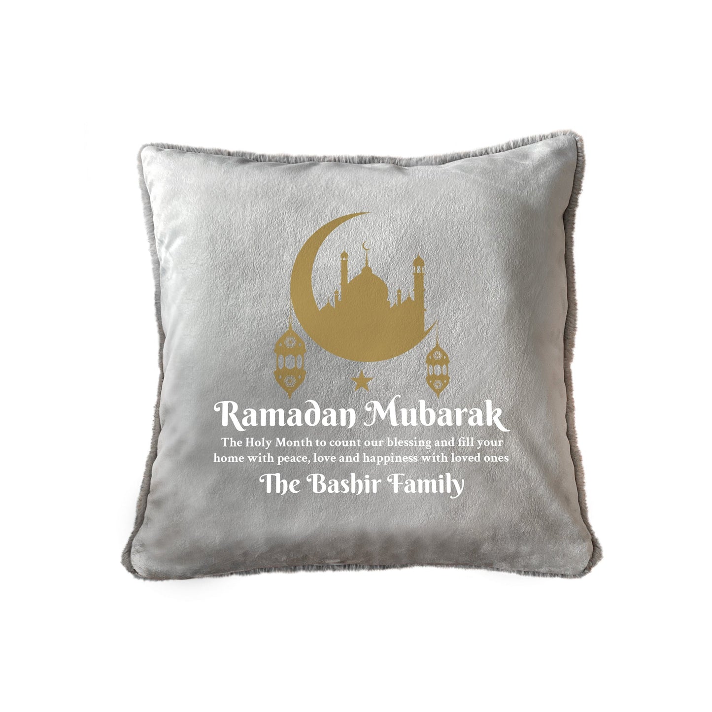 Personalised Ramadan Mubarak Crescent & Lanterns Faux Fur Cuddle Cushion