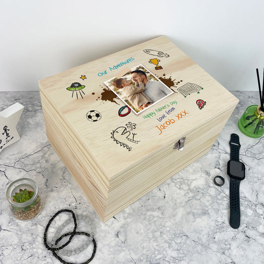 Personalised 'Our Adventures' Kids Doodles Pine Memory Box - 5 Sizes