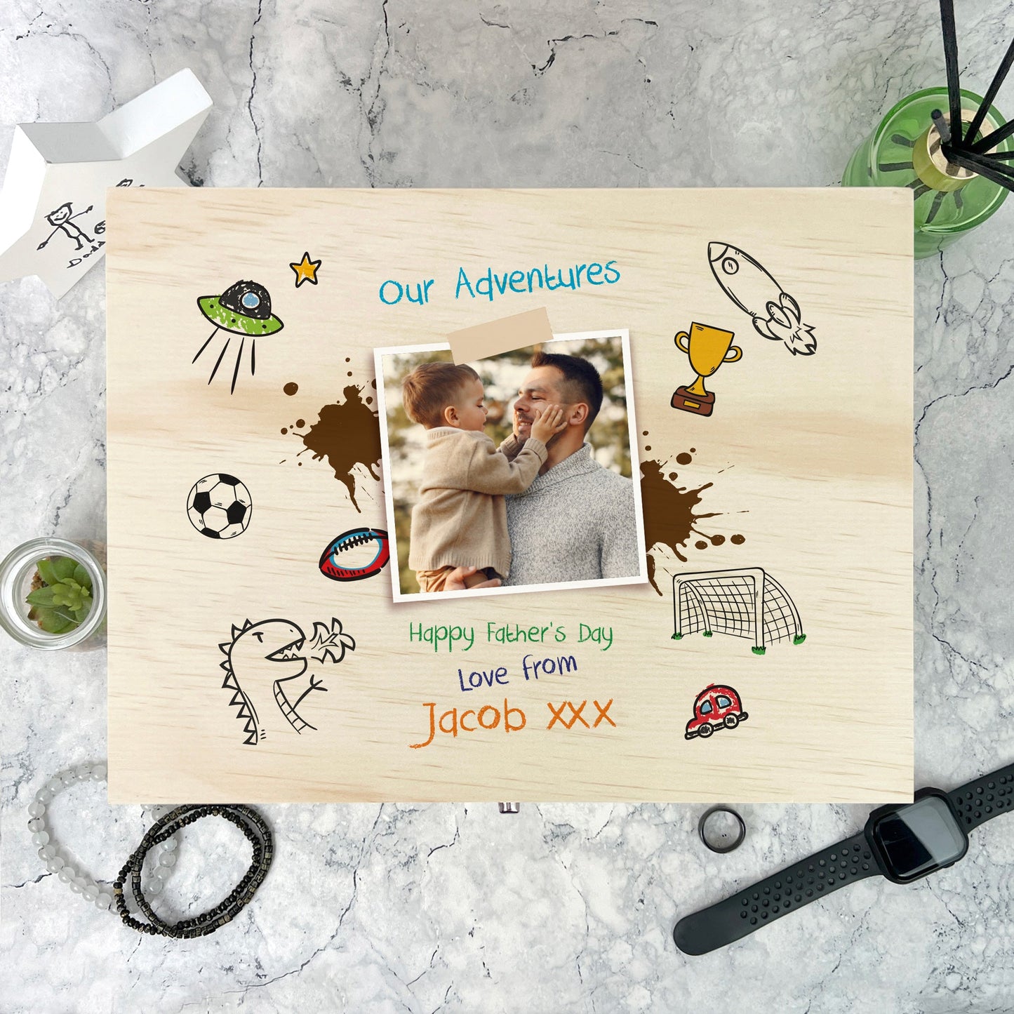 Personalised 'Our Adventures' Kids Doodles Pine Memory Box - 5 Sizes