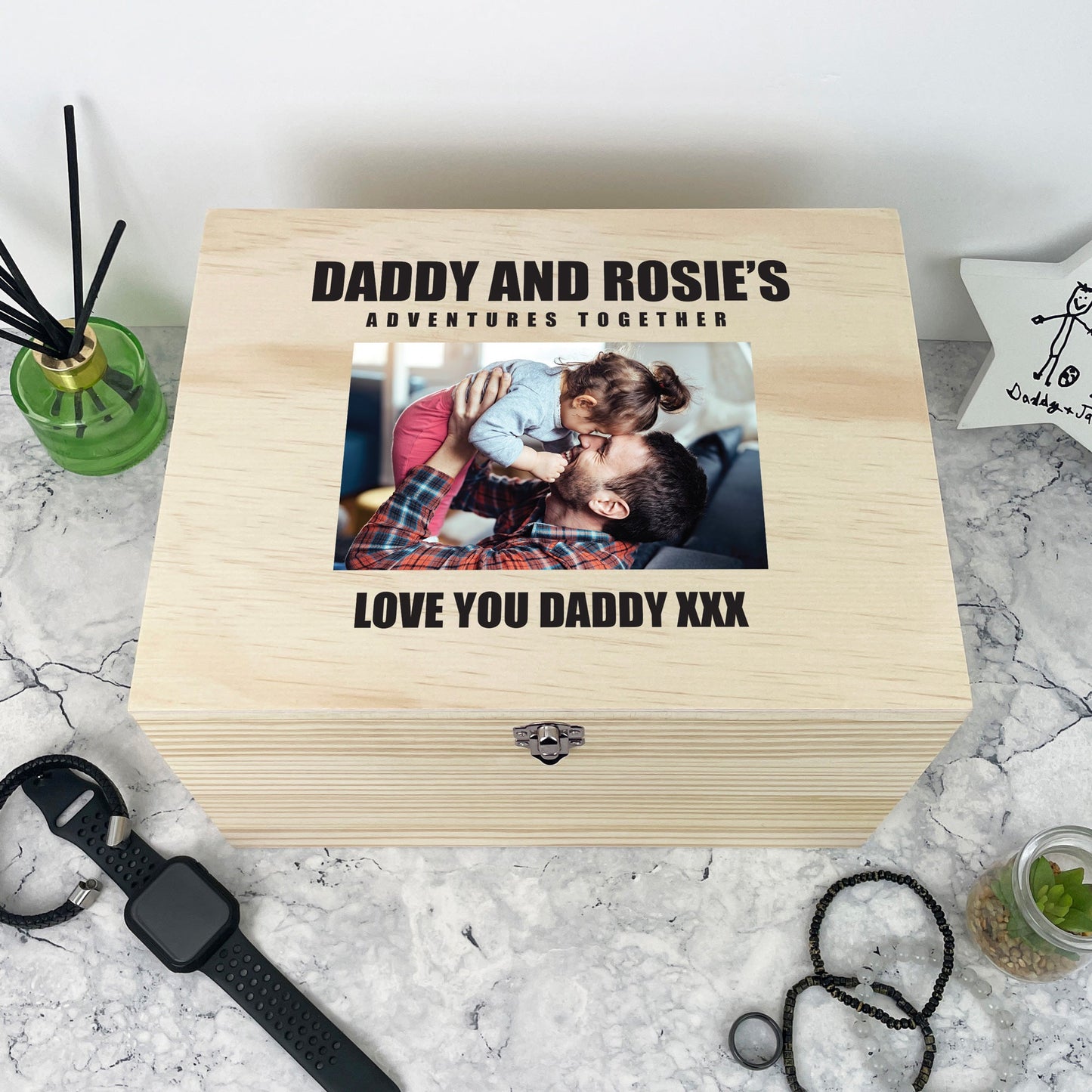 Personalised Bold Custom Text Pine Photo Memory Box - 5 Sizes