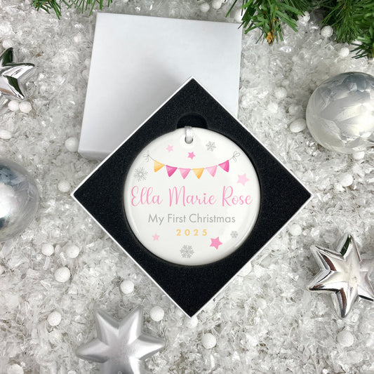 My First Christmas Baby Girl Garland Ceramic Disc Hanging Decoration + Gift Box
