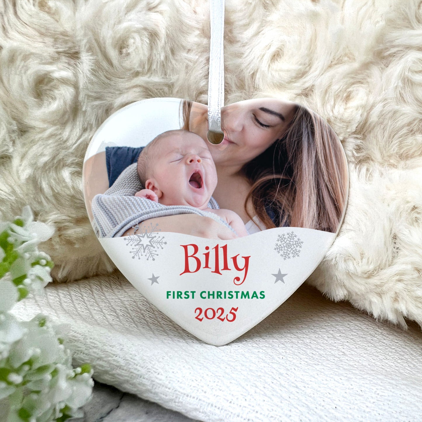 My First Christmas Photo Ceramic Heart Hanging Decoration + Gift Box