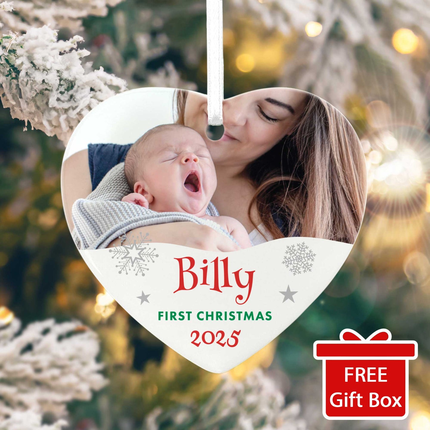 My First Christmas Photo Ceramic Heart Hanging Decoration + Gift Box
