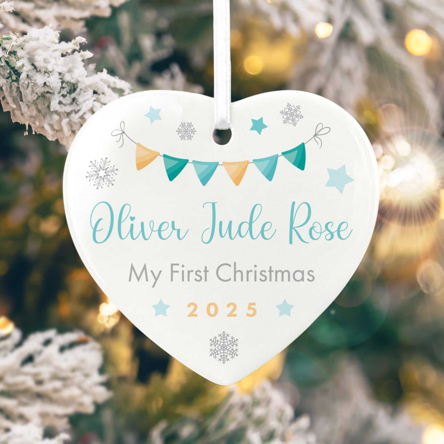 My First Christmas Baby Boy Garland Ceramic Heart Hanging Decoration + Gift Box