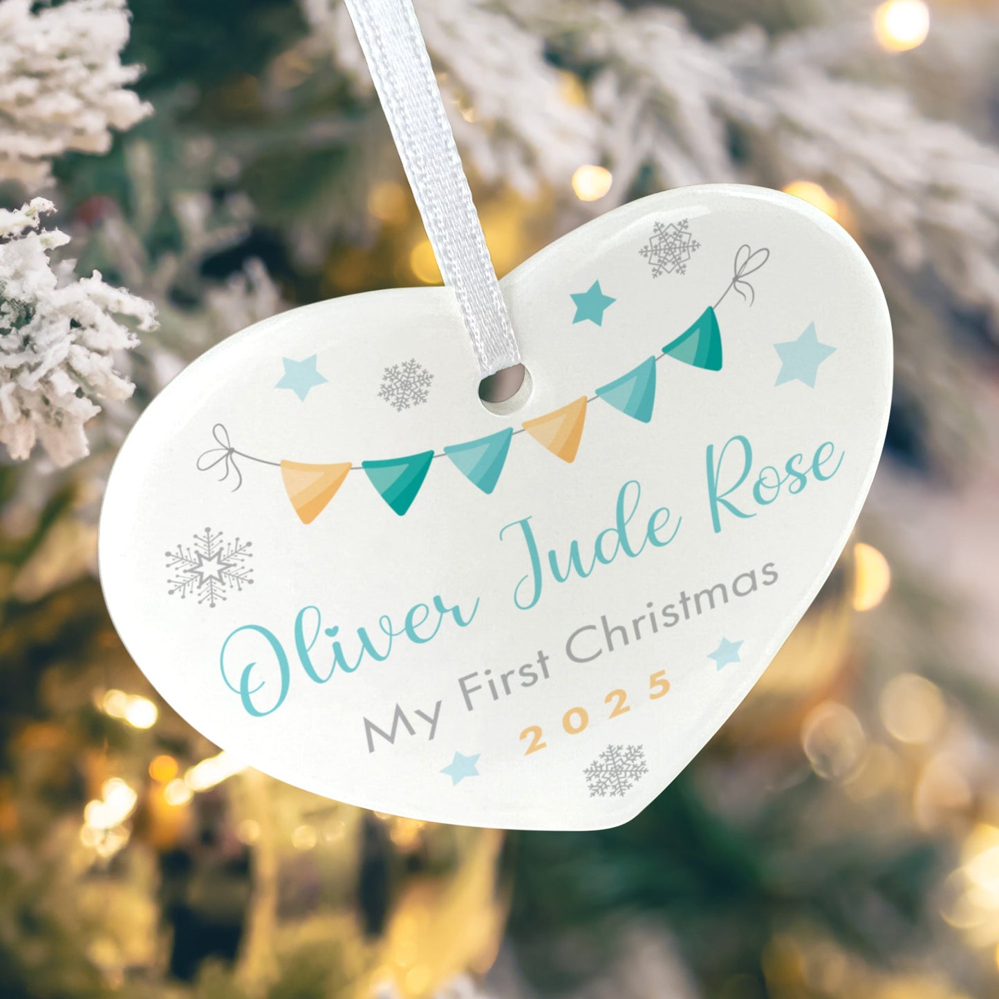 My First Christmas Baby Boy Garland Ceramic Heart Hanging Decoration + Gift Box