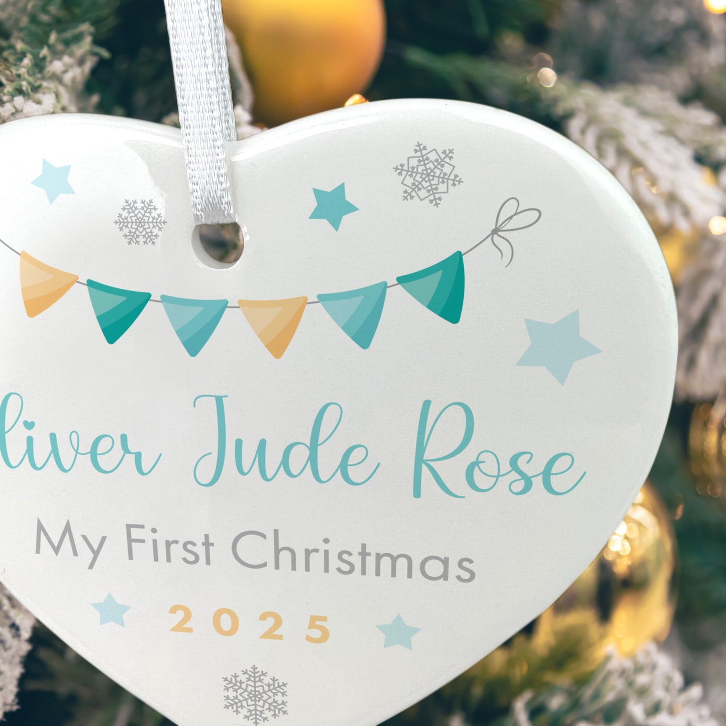 My First Christmas Baby Boy Garland Ceramic Heart Hanging Decoration + Gift Box