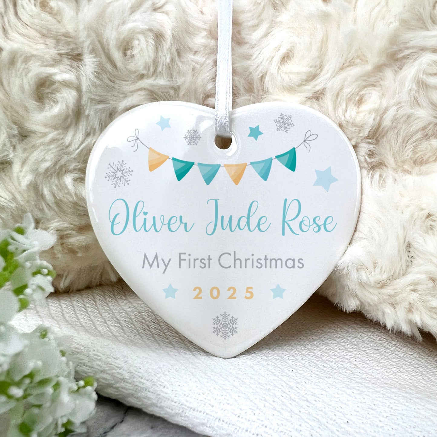 My First Christmas Baby Boy Garland Ceramic Heart Hanging Decoration + Gift Box