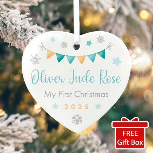 My First Christmas Baby Boy Garland Ceramic Heart Hanging Decoration + Gift Box