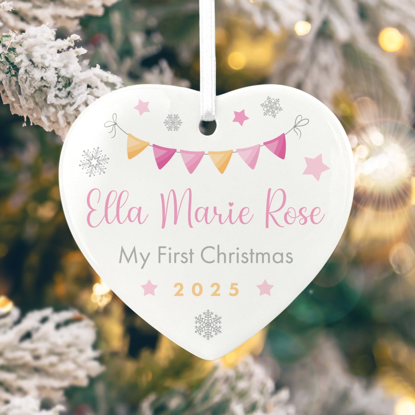 My First Christmas Baby Girl Garland Ceramic Heart Hanging Decoration + Gift Box