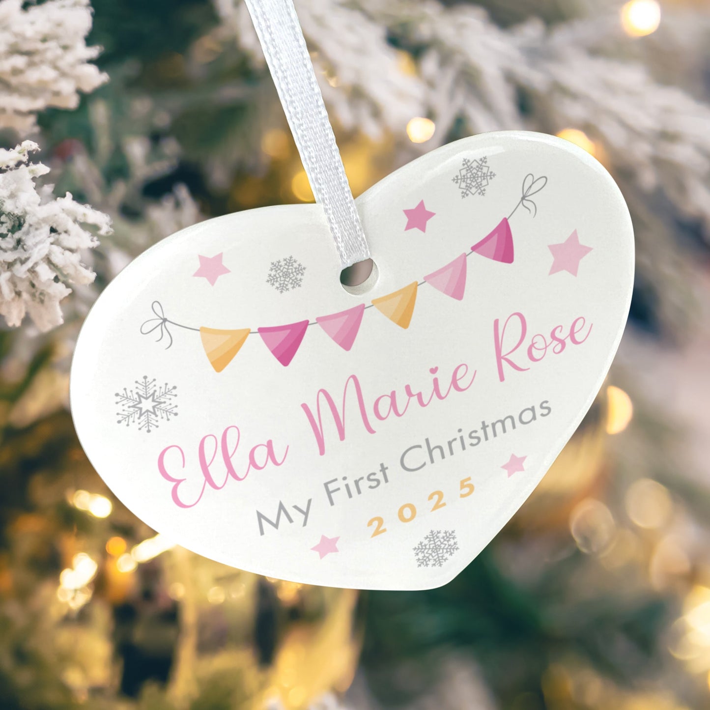 My First Christmas Baby Girl Garland Ceramic Heart Hanging Decoration + Gift Box