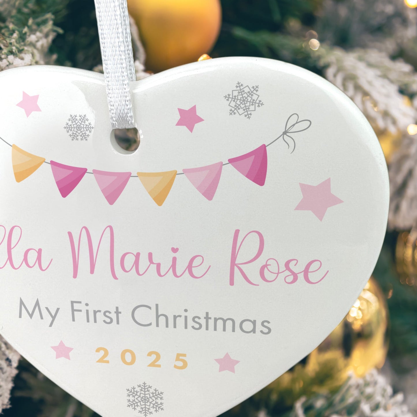 My First Christmas Baby Girl Garland Ceramic Heart Hanging Decoration + Gift Box