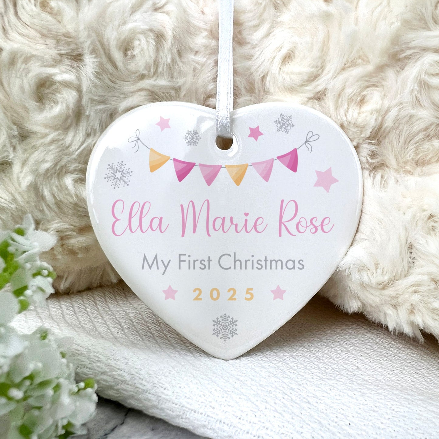 My First Christmas Baby Girl Garland Ceramic Heart Hanging Decoration + Gift Box
