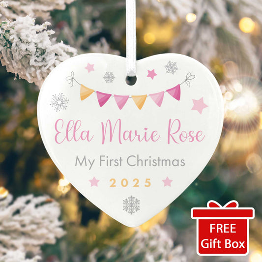 My First Christmas Baby Girl Garland Ceramic Heart Hanging Decoration + Gift Box