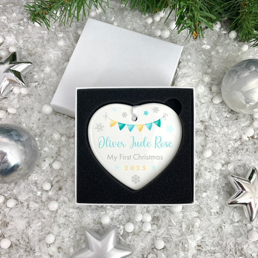 My First Christmas Baby Boy Garland Ceramic Heart Hanging Decoration + Gift Box