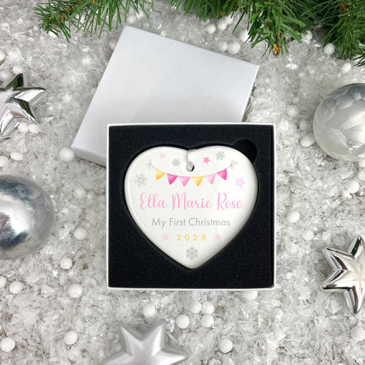 My First Christmas Baby Girl Garland Ceramic Heart Hanging Decoration + Gift Box
