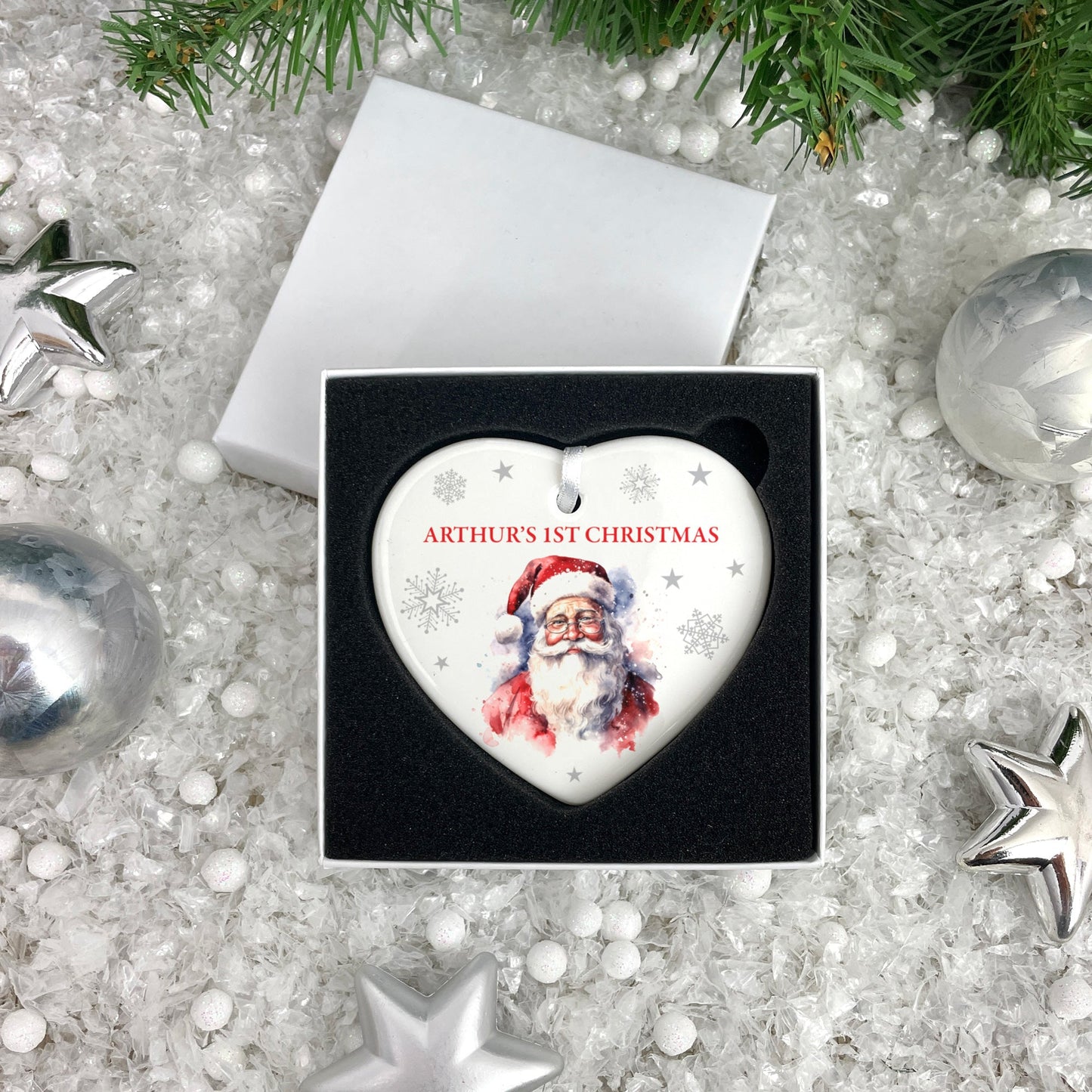 Traditional Santa Any Message Ceramic Heart Hanging Decoration + Gift Box