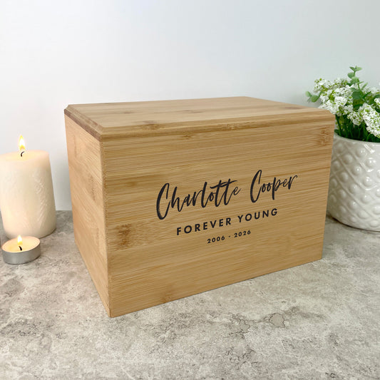 Personalised Bamboo Urn For Cremation Ashes - Modern Script Design