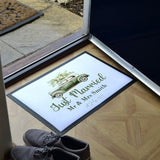 Personalised Just Married Doormat with Wedding Car Illusration Names and Wedding Date