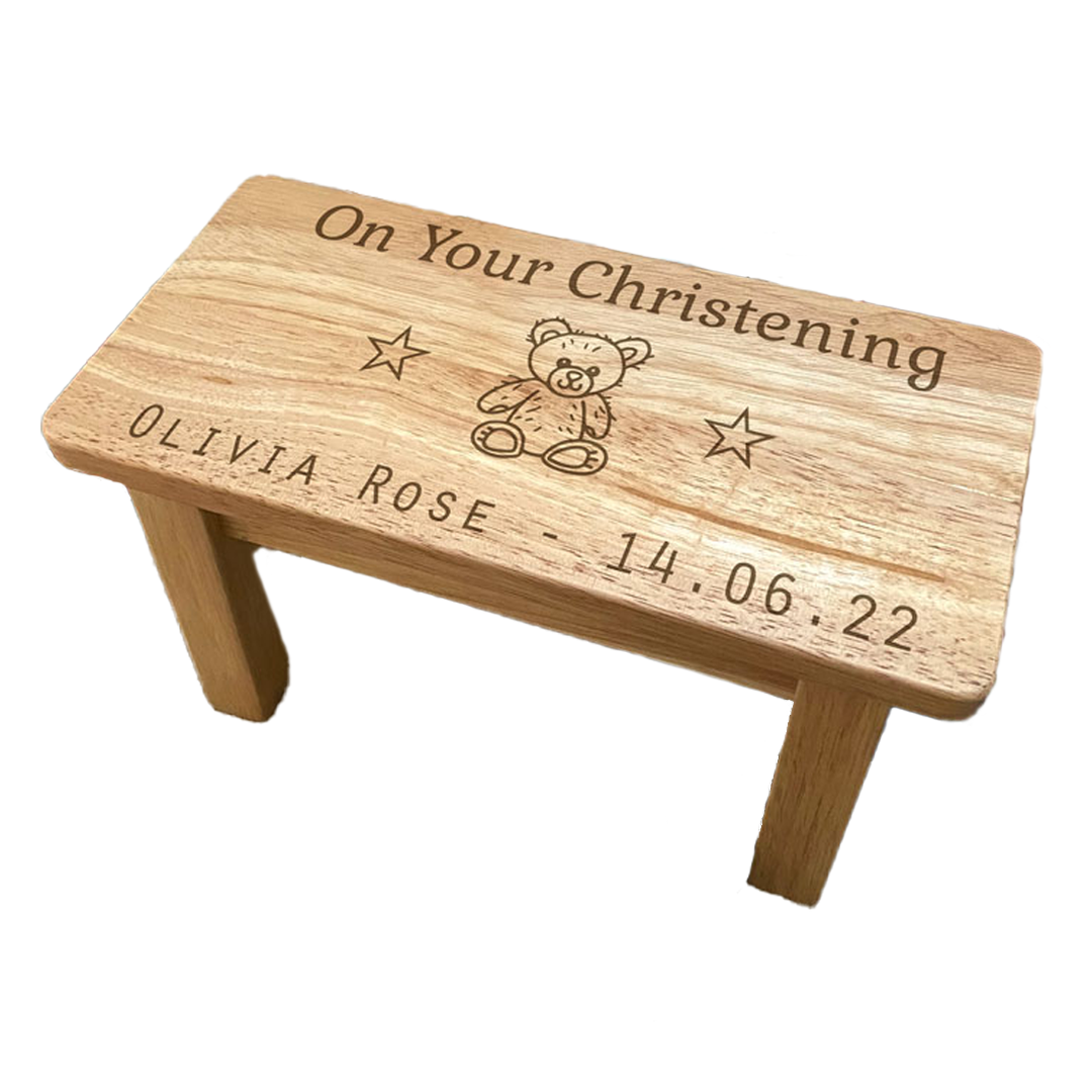Personalised Child's Stool Rectangle Wooden Christening Engraved Design