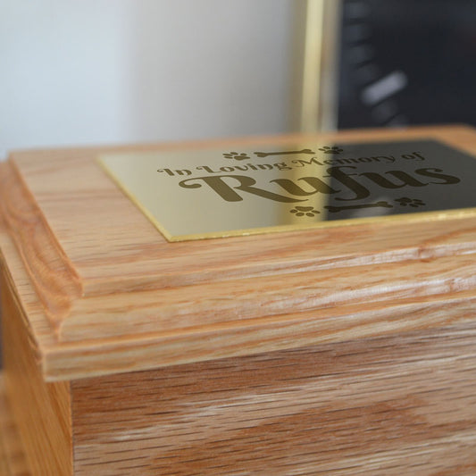 Personalised Dog Urn - Pet Urn in Solid Oak with Engraved Brass Effect Plaque