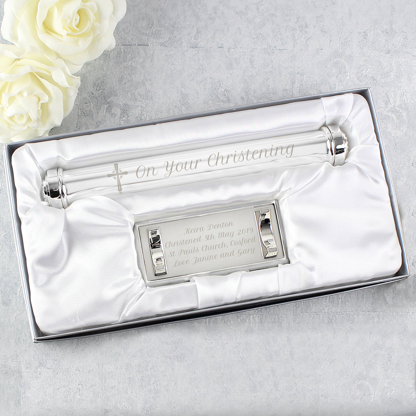 Personalised Christening Cross Silver Plated Certificate Holder