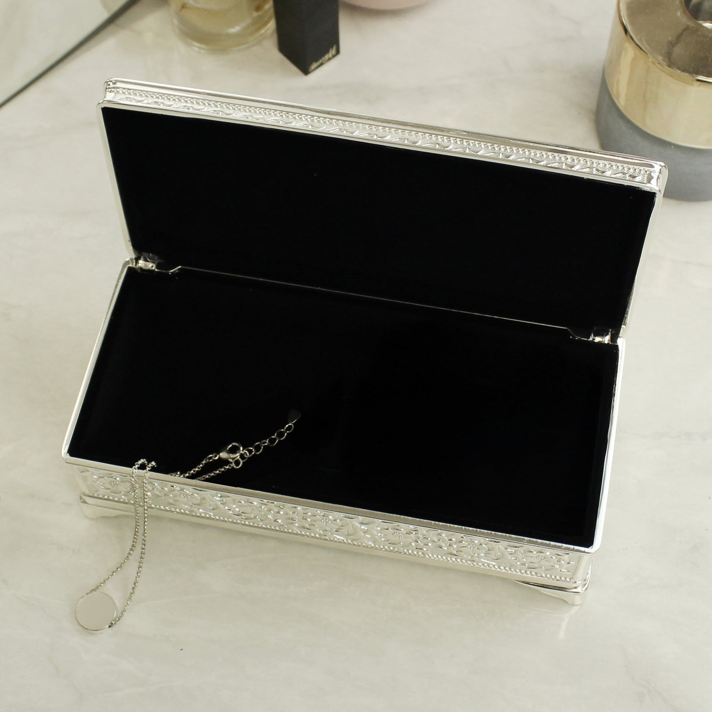 Personalised Swirls & Hearts Antique Silver Plated Jewellery Box