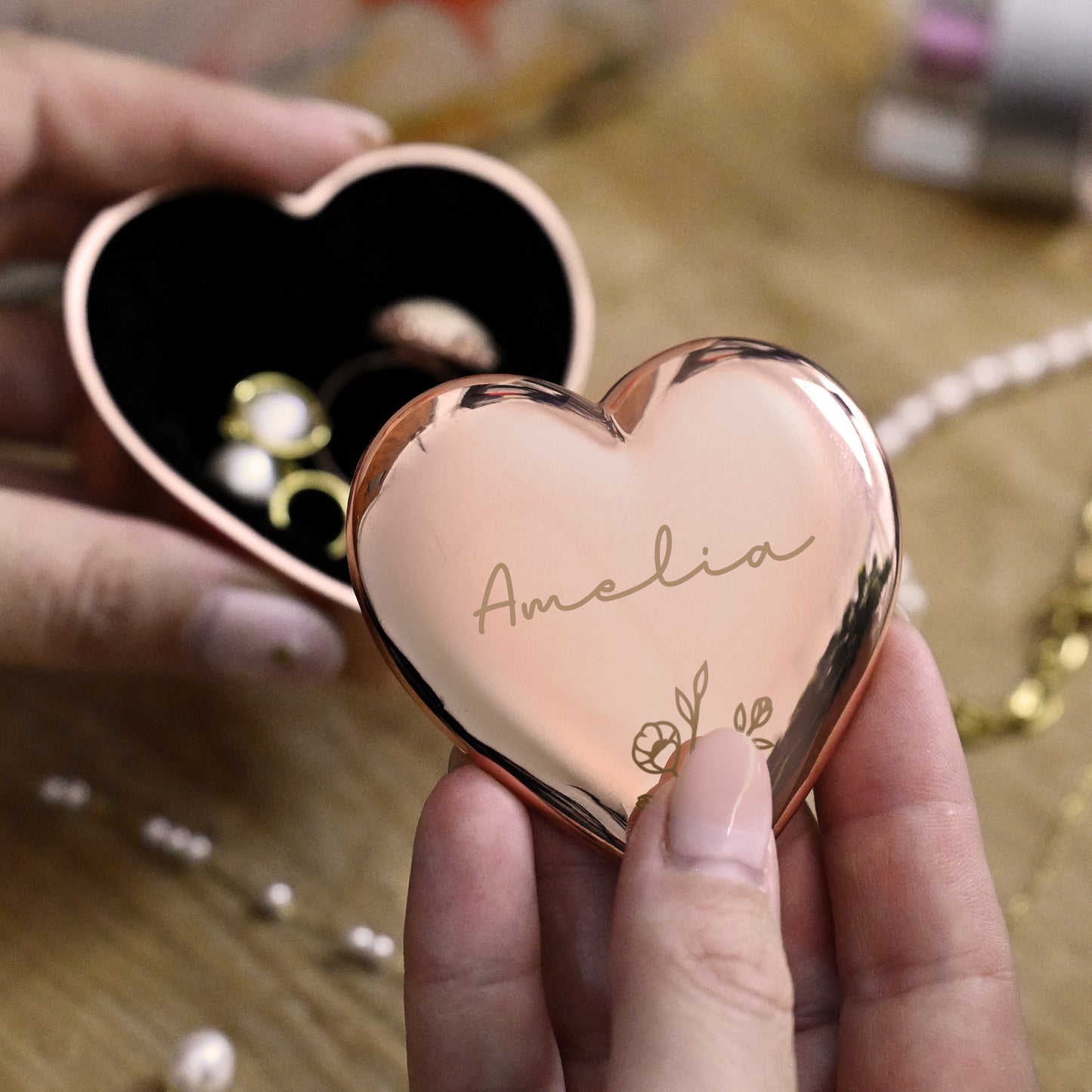 Personalised Floral Rose Gold Heart Trinket Box