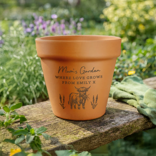 Personalised Highland Cow Terracotta Plant Pot