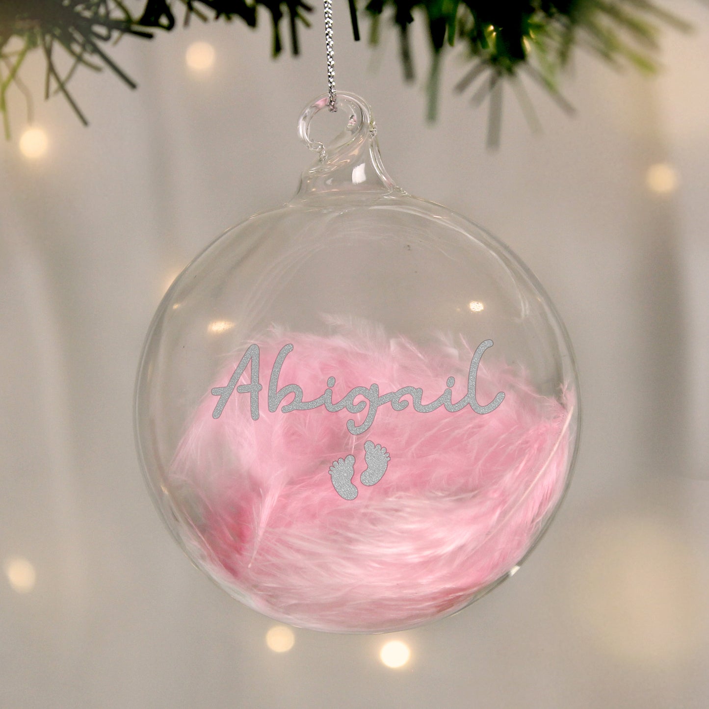Personalised Pink Feather Silver Footprints Glass Bauble