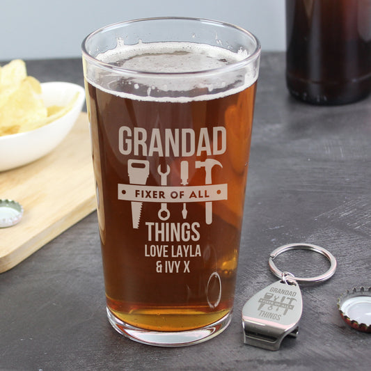 Personalised Fixer of All Things Pint Glass & Bottle Opener