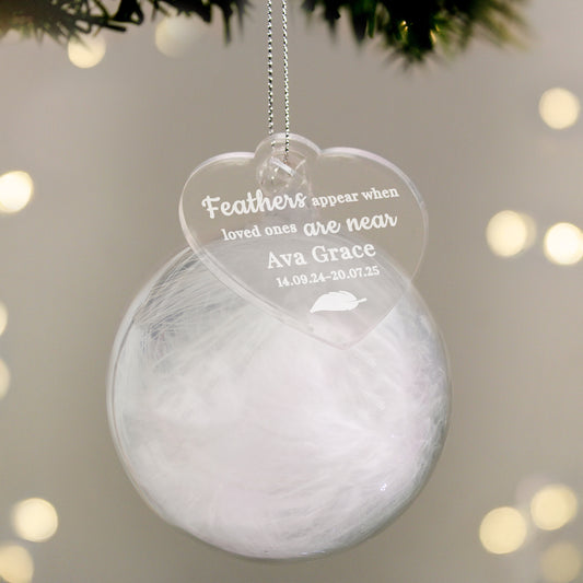 Personalised White Memorial Feather Bauble