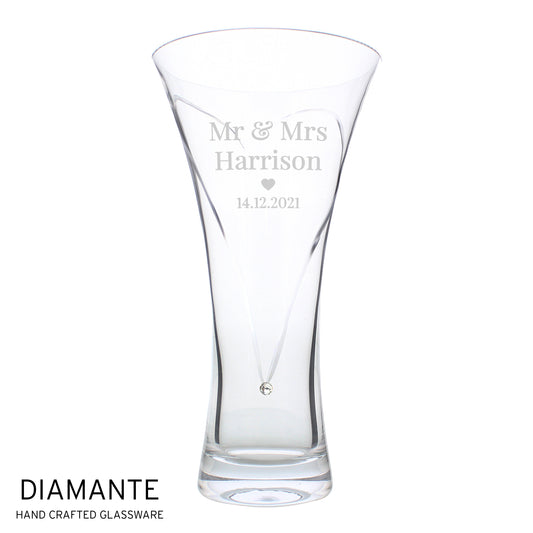 Personalised Mr & Mrs Large Hand Cut Diamante Heart Vase