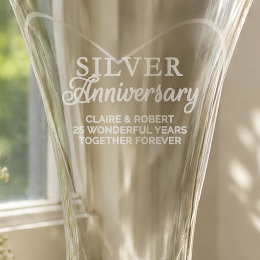 Personalised Silver Anniversary Large Hand Cut Diamond Effect Heart Vase