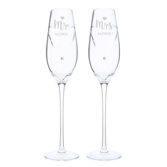 Personalised Hand Cut Mr & Mrs Pair of Flutes in Gift Box