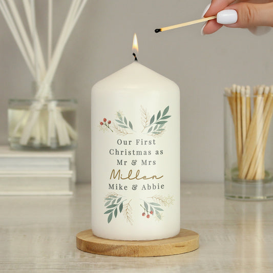 Personalised Christmas Foliage Pillar Candle