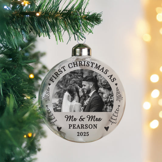 Personalised First Married Christmas Photo Upload Glass Bauble
