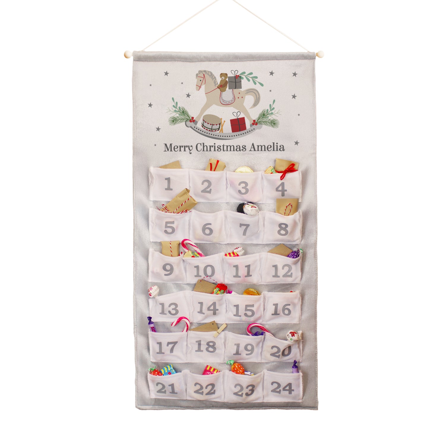 Personalised Rocking Horse Advent Calendar In Silver Grey