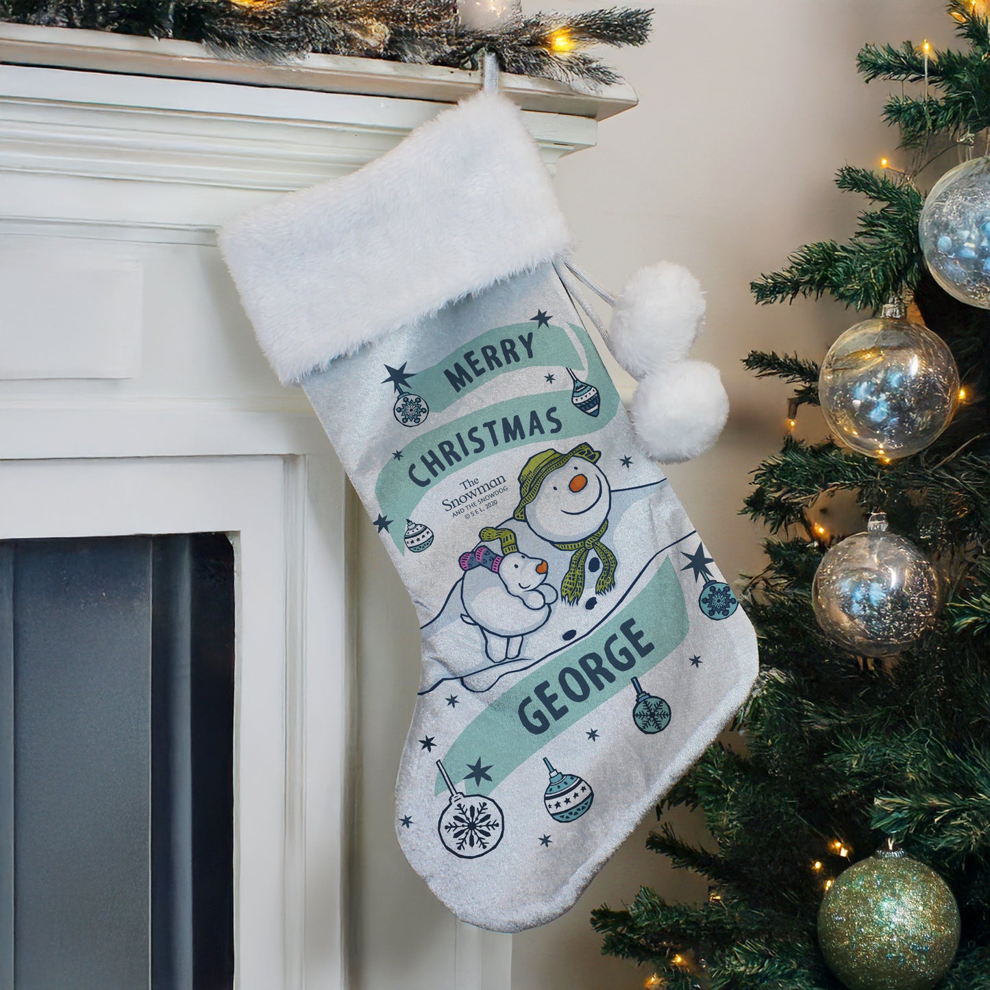 Personalised The Snowman and the Snowdog Luxury Silver Grey Stocking