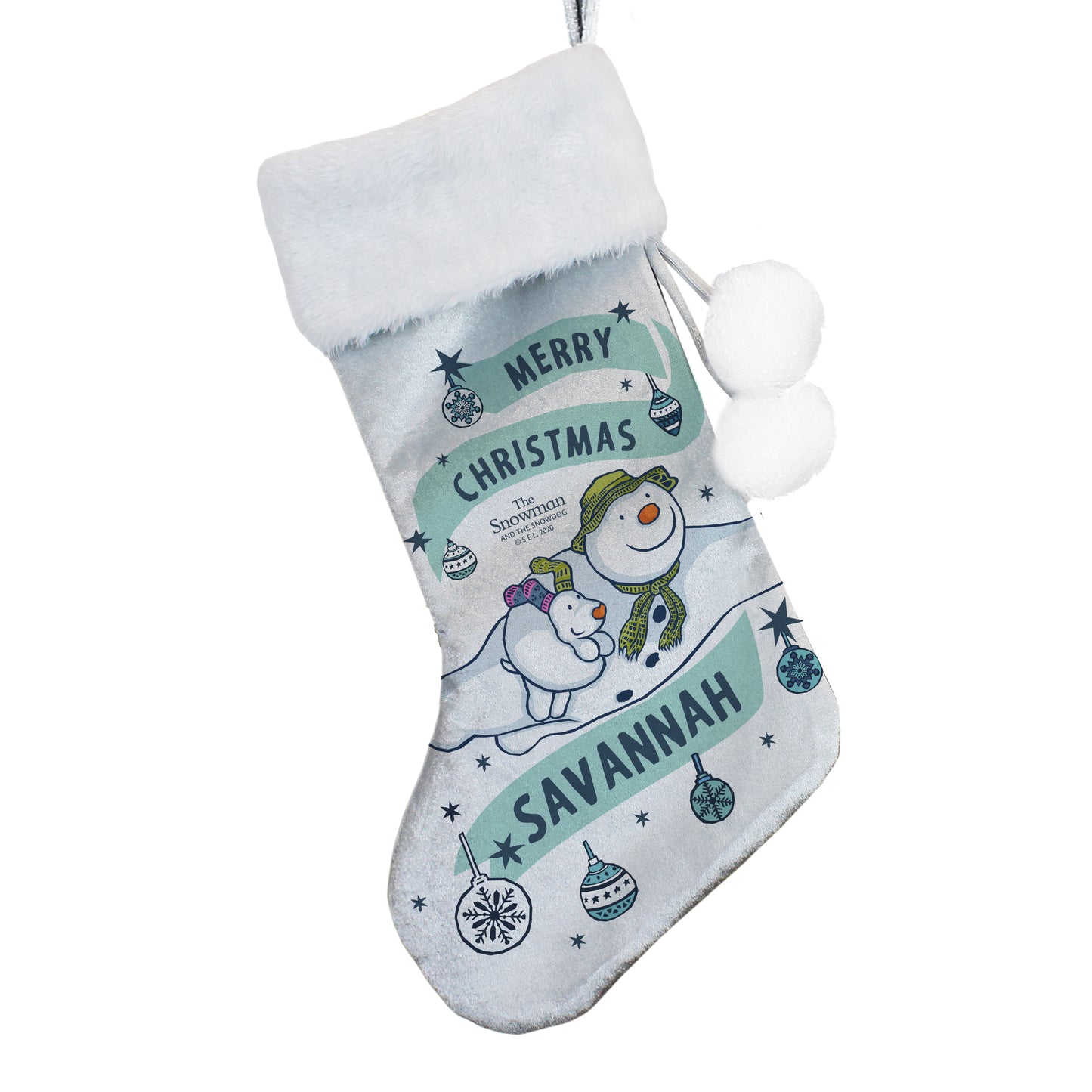 Personalised The Snowman and the Snowdog Luxury Silver Grey Stocking