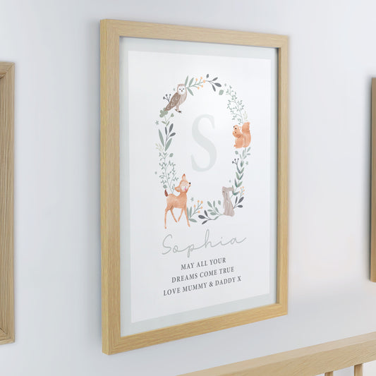 Personalised Woodland Initial Oak Poster Frame